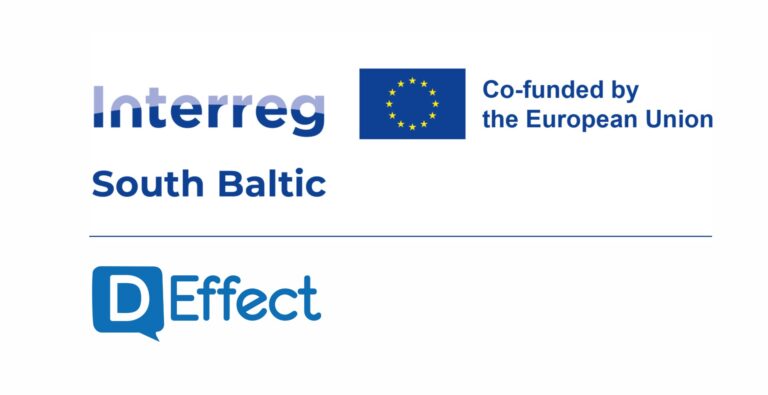 Logotypy Interreg South Baltic, Unii Europejskiej oraz projektu D Effect